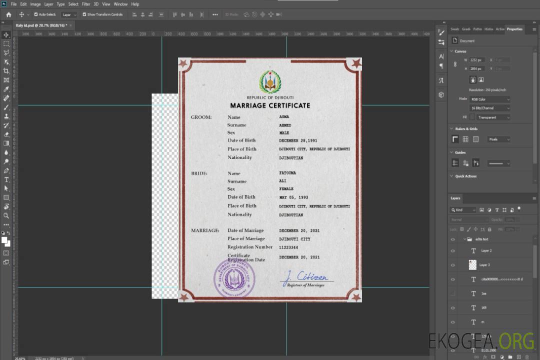 Modèle PSD de certificat de mariage de Djibouti template Modèle PSD de certificat de mariage de Djibouti template